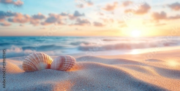 Fototapeta A Serene Beach Scene at Sunset Featuring Shells on Soft Sand and Gentle Waves, Capturing the Tranquility of Nature's Coastal Beauty