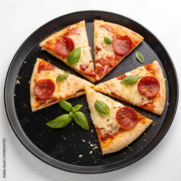 Fototapeta Delicious pepperoni pizza slices arranged on a black plate isolated on white background