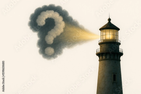 Obraz A lighthouse that emits light in the form of a question mark from smoke. Space for text.