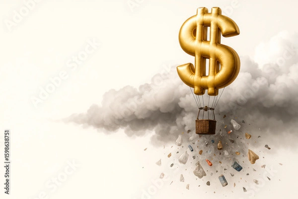 Obraz A balloon in the form of a gold dollar and clouds of smoke flying among the garbage. Space for text.