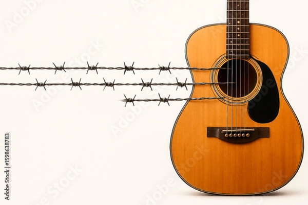 Obraz Guitar with barbed wire stretched instead of strings, insulation on a light background. Space for text.
