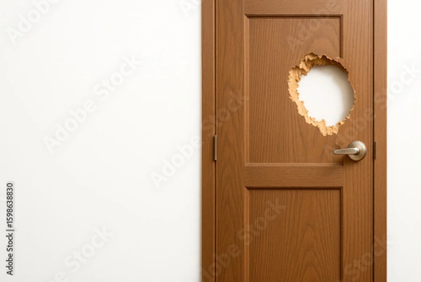 Obraz A wooden door with a round hole, a light wall. Space for text.