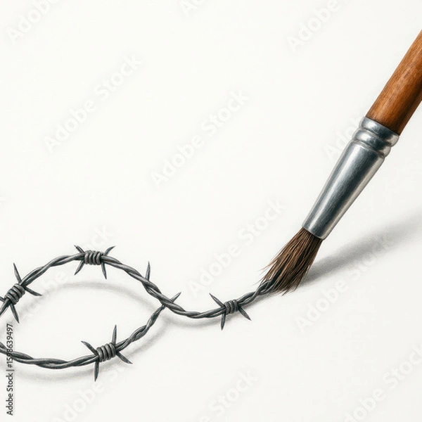 Obraz The brush draws barbed wire on a white background, limiting creativity.