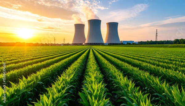 Obraz Sunset over nuclear plant  field.