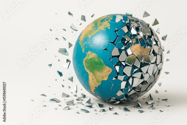 Obraz A globe that is shattering into fragments. Space for text.