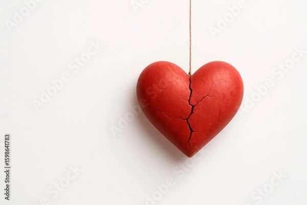 Obraz A red broken heart hangs on a thread on a light background. Space for text.
