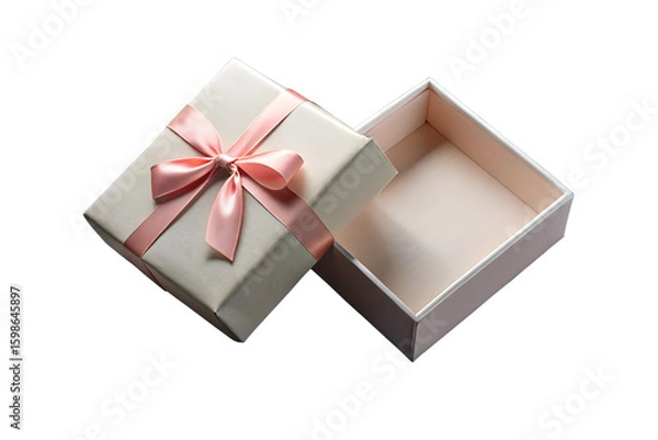 Fototapeta An open white gift box with a pink satin ribbon and bow revealing a clean creamcolored interior isolated on a transparent