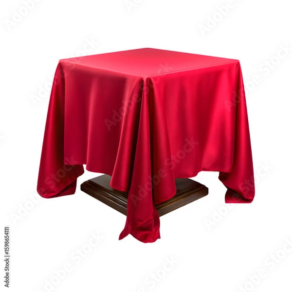 Fototapeta Red velvet tablecloth draped over a square table isolated on transparent background