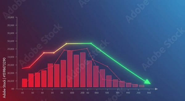 Fototapeta A downward trending graph shows declining financial performance, indicated by red bars and a green downward arrow.
