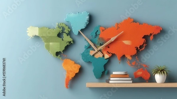 Obraz Time flies around the world a colorful, artistic world map clock on a light blue wall in a modern home