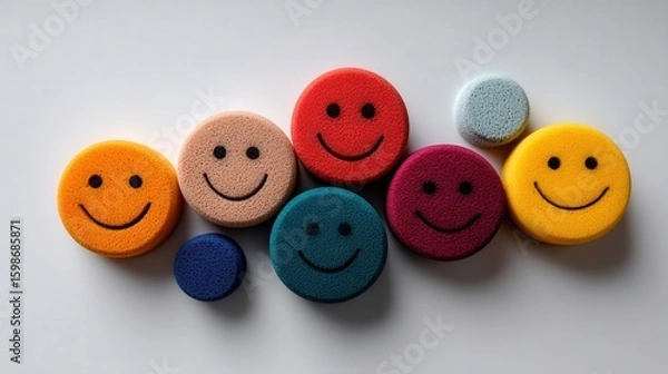 Fototapeta Smiling Faces Gathering A rainbow Of colorful, textured sponge circles with smiles create a cheerful tableau