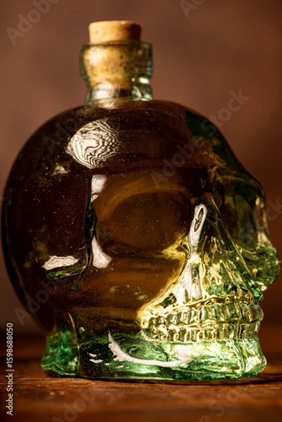 Obraz Cachaça bottle, details of a Brazilian cachaça bottle in the shape of a skull, low key photo, selective focus.