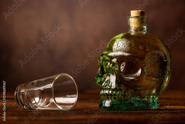 Obraz Cachaça, Brazilian cachaça bottle in the shape of a skull and a glass, on rustic wood and abstract background, low key photo, selective focus.