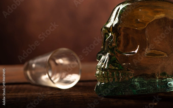 Obraz Cachaça, Brazilian cachaça bottle in the shape of a skull and a glass, on rustic wood and abstract background, low key photo, selective focus.