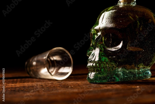 Obraz Cachaça, Brazilian cachaça bottle in the shape of a skull and a glass, on rustic wood and abstract background, low key photo, selective focus.