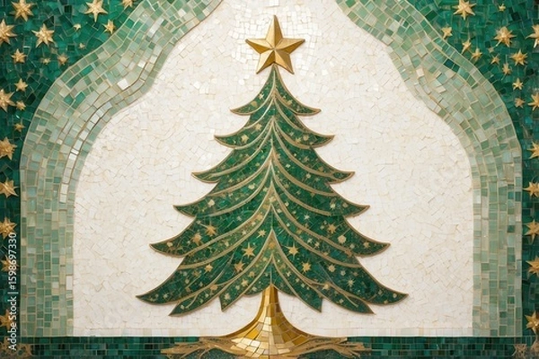 Fototapeta An elegant Christmas tree design meticulously crafted with mosaic tiles, stars adorn the background.