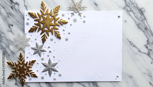 Fototapeta Decorated blank card with gold and silver snowflakes on marble background  