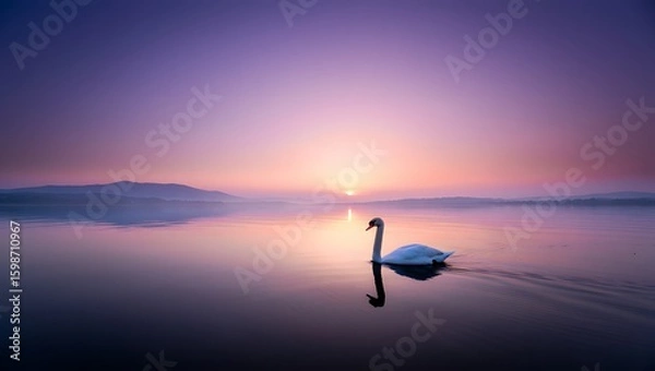 Fototapeta Elegant Swan Swimming on Calm Lake at Sunset