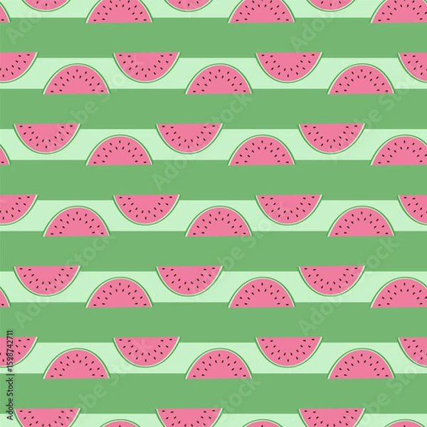 Obraz Watermelon slices on green stripes seamless pattern