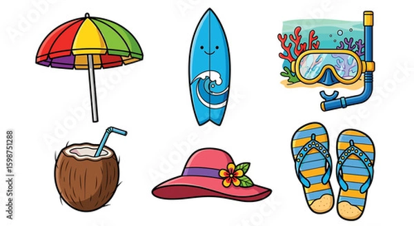 Obraz Assortment of beach themed items including a surfboard and a coconut drink for summer vacation fun