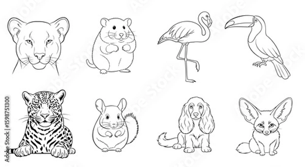 Obraz Outlines of various animals including a lion, hamster, flamingo, toucan, jaguar, chinchilla, hound, and fox