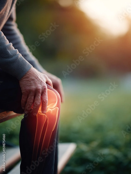 Fototapeta Lifestyle image of close-up view of a painful pain Knee Osteoarthritis severe Articular cartilage discomfort augmented overlay on the knee with glowing red pain semi-transparent bone and joints