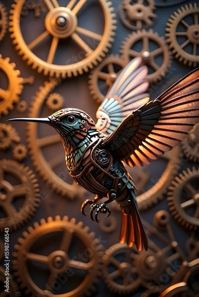 Fototapeta Mechanical Hummingbird - Steampunk Bird Sculpture in Gears