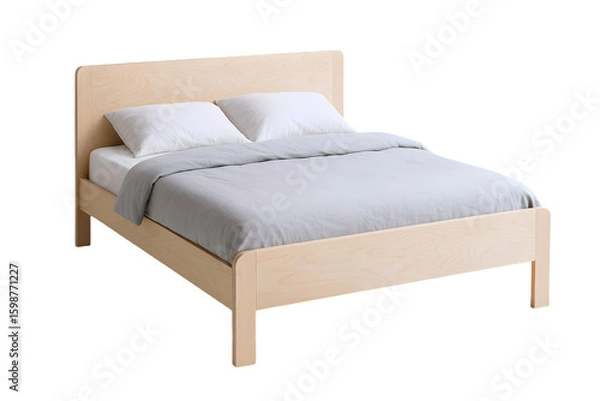 Obraz Light wooden bed frame with gray bedding, creating a modern and minimalist bedroom look.