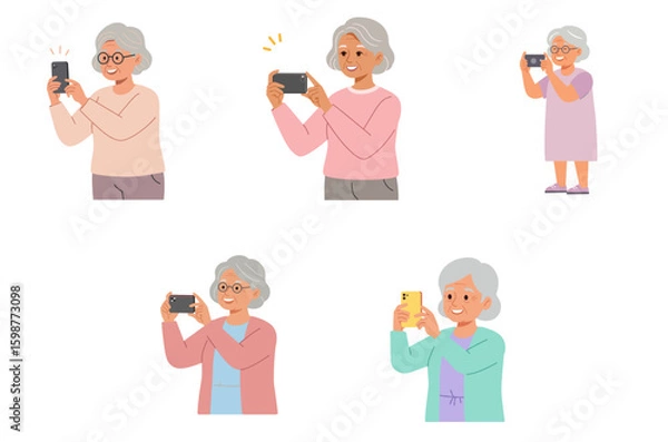 Obraz Elderly woman taking selfies with phone in casual outfits, white background, isolated, vector, set  