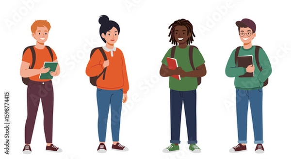 Obraz Multiracial students standing with backpacks and books in casual attire, white background, isolated, vector  