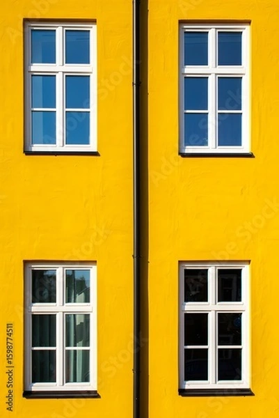 Fototapeta Yellow Building Facade with Windows - Architectural Detail