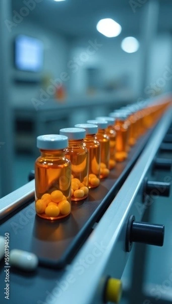 Fototapeta Modern Drug Production: Automated Pill Packaging Process. Suitable for use in content related to advanced pharmaceutical factories, industrial automation in medicine