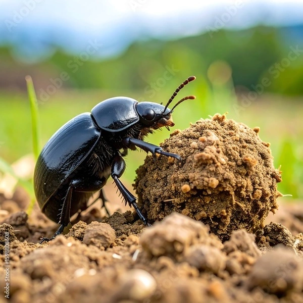 Fototapeta Dung beetle rolling ball