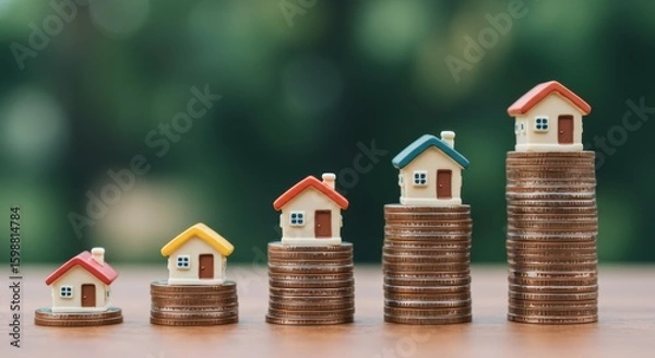 Fototapeta Colorful miniature houses sit atop ascending stacks of coins symbolizing real estate investment and financial growth