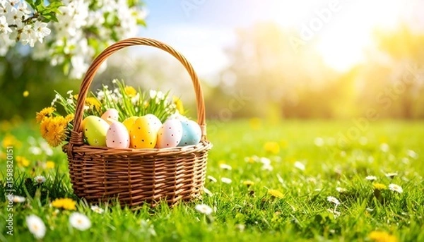 Fototapeta Easter basket in spring meadow