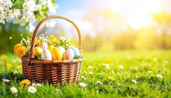 Fototapeta Easter basket with colorful eggs in a spring meadow