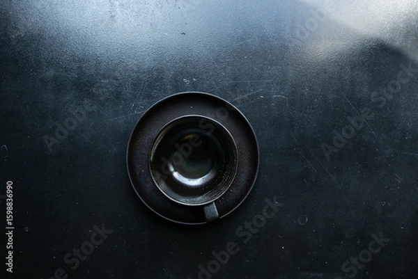 Fototapeta an empty black cup stands on a saucer with crumbs on a black windowsill