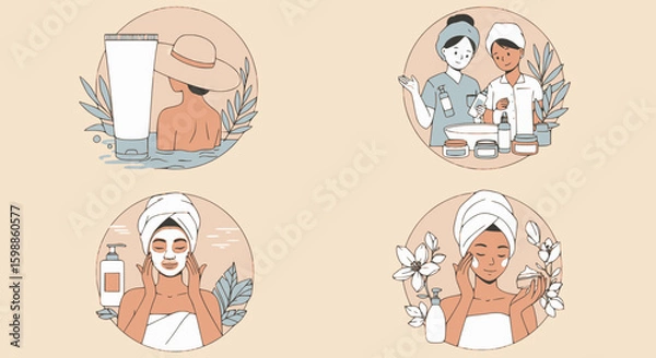 Fototapeta Beauty and skincare. A set of color vector illustrations on the topic of skin care in different life situations.  Multilayer SVG file without gaps between paths.