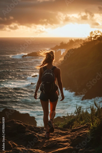 Obraz Female Hiker Admiring Ocean Sunset from Rocky Cliffside