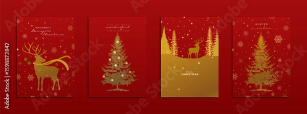 Fototapeta Holiday Greeting Card designs. Elegant gold Christmas elements and icons including reindeer, pine trees, snowflakes, stars... Vector Illustration.