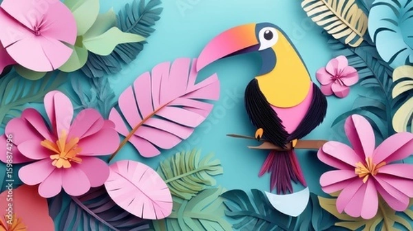 Obraz Vibrant Toucan in a Paper Cut Paradise, A Tropical Bird's Dream