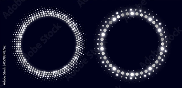 Fototapeta Silver halftone frames, glowing circle borders, round pattern with dots, radial disco luxury design element. Vector illustration.