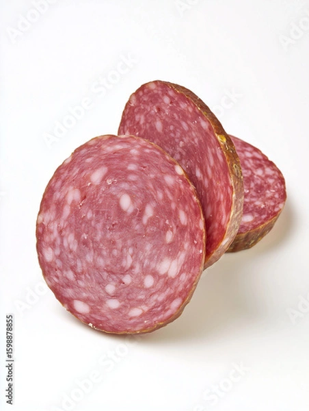 Fototapeta Sliced sausage showing white fat on white background