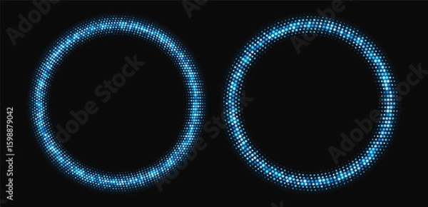 Fototapeta Blue halftone frames, glowing circle borders, round pattern with dots, radial disco luxury design element. Vector illustration.