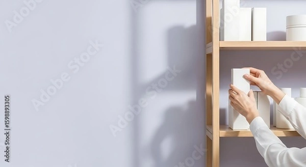 Fototapeta Woman's Hands Organizing White Product Boxes on Wooden Shelves, Storage and Organization Concept