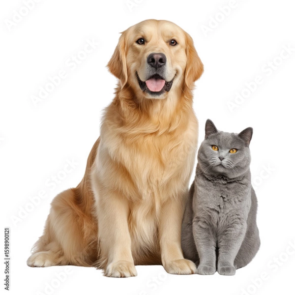 Obraz Golden Retriever dog and British Shorthair cat sitting together isolated on a transparent background
