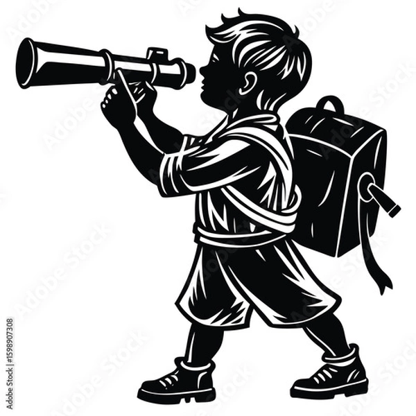 Fototapeta Black silhouette of a boy with backpack looking through a telescope