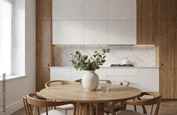 Fototapeta Modern minimalist kitchen, dining area features round wooden table with chairs. Natural light streams in from large window, illuminating clean lines, warm wood tones. White vase with plants sits on