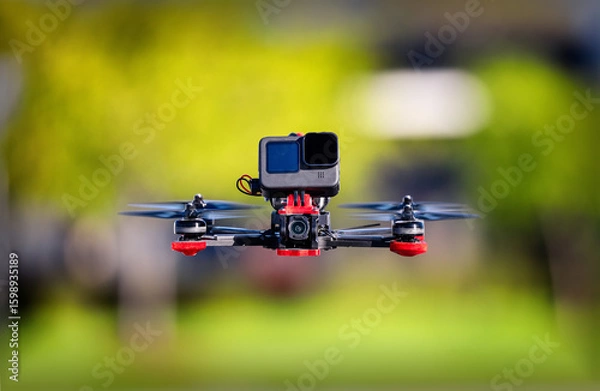 Fototapeta Flying FPV racing drone front-facing with an action camera on top. The quadcopter is hovering in a park with trees