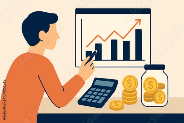Obraz Flat Vector of Person Analyzing Financial Graphs with Calculator, Coins, and Savings Jars in Modern Style